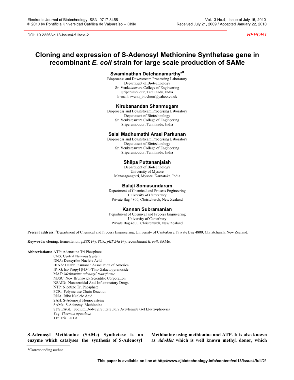 Cloning and Expression of S-Adenosyl Methionine Synthetase Gene in Recombinant E