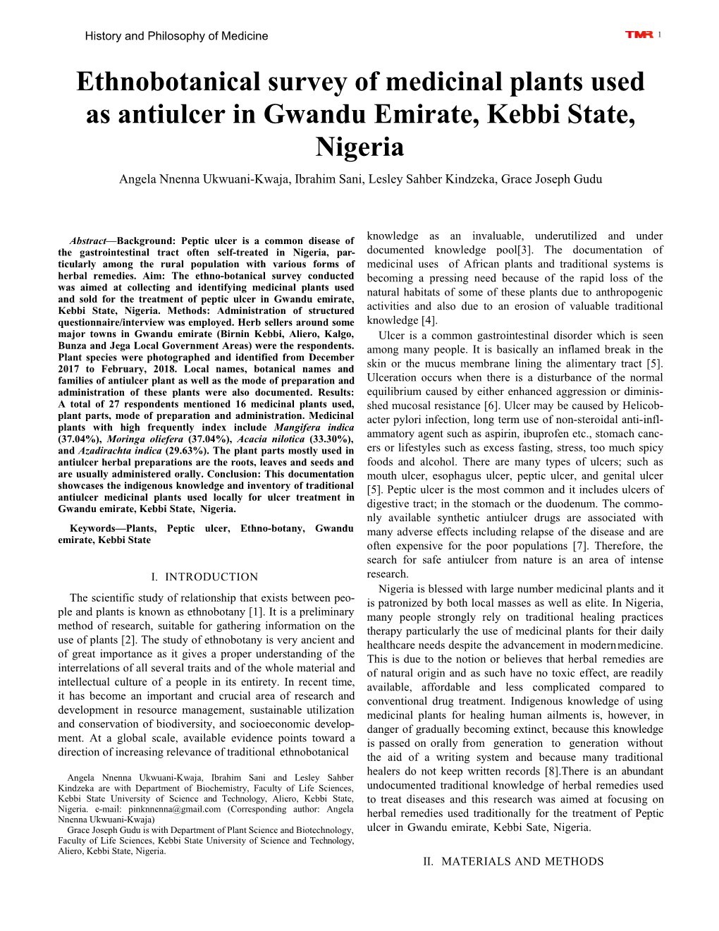 Ethnobotanical Survey of Medicinal Plants Used As Antiulcer in Gwandu