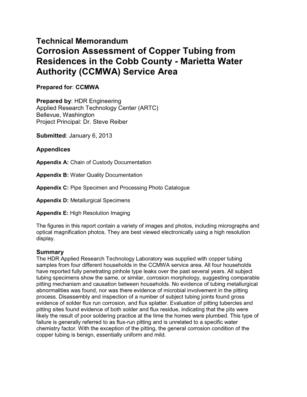 Cobb County-Marietta Water Authority Copper Corrosion Study 2013