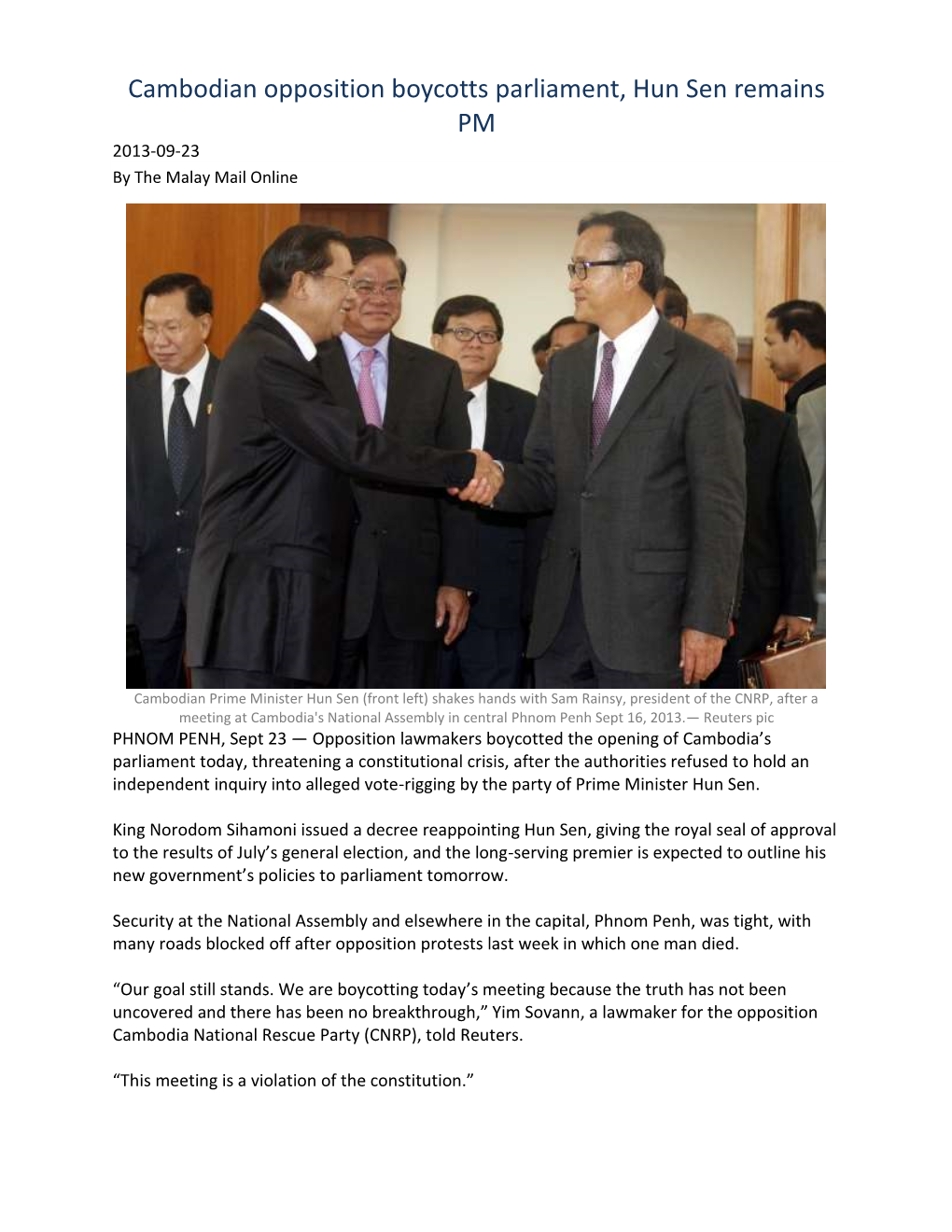 Cambodian Opposition Boycotts Parliament, Hun Sen Remains PM 2013-09-23 by the Malay Mail Online