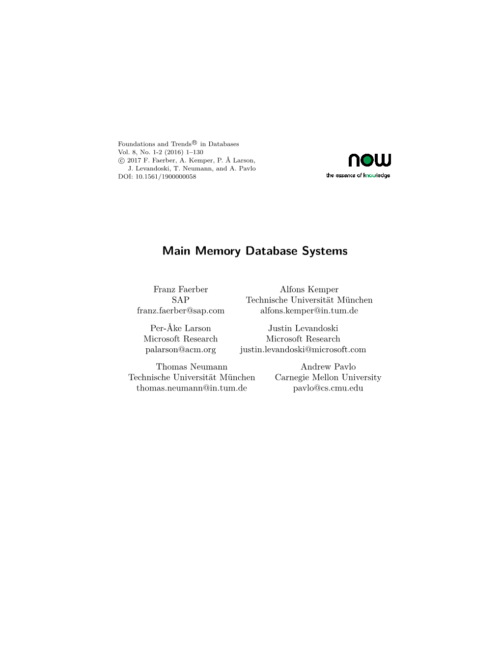 Main Memory Database Systems