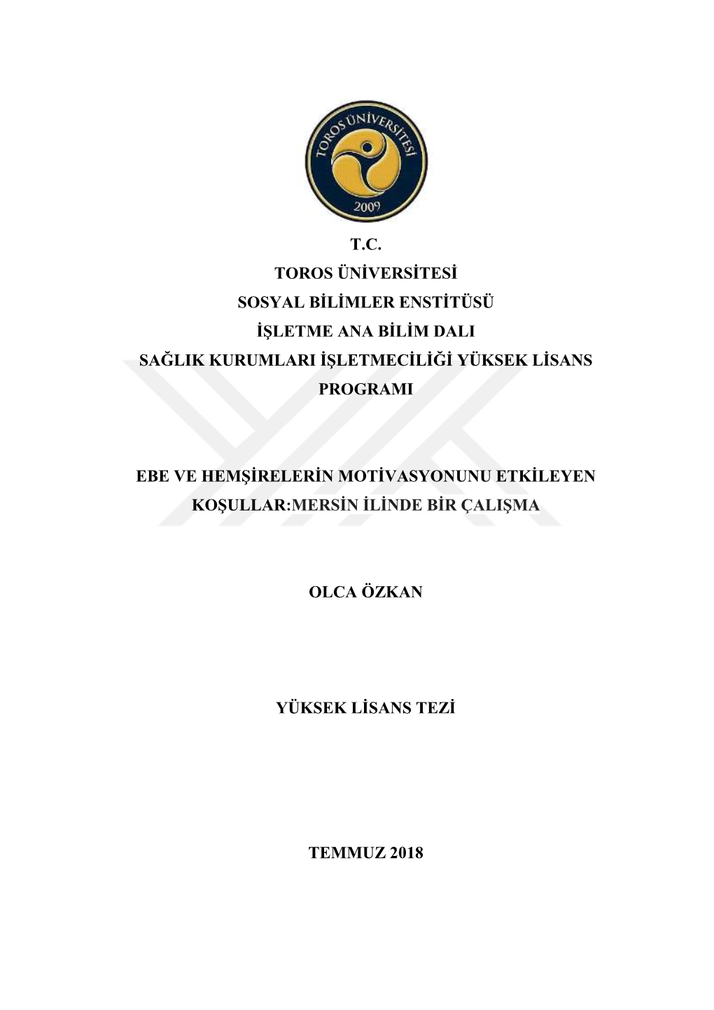 T.C. Toros Ünġversġtesġ Sosyal Bġlġmler Enstġtüsü Ġġletme Ana Bġlġm Dali Sağlik Kurumlari Ġġletmecġlġğġ Yüksek Lġsans Programi