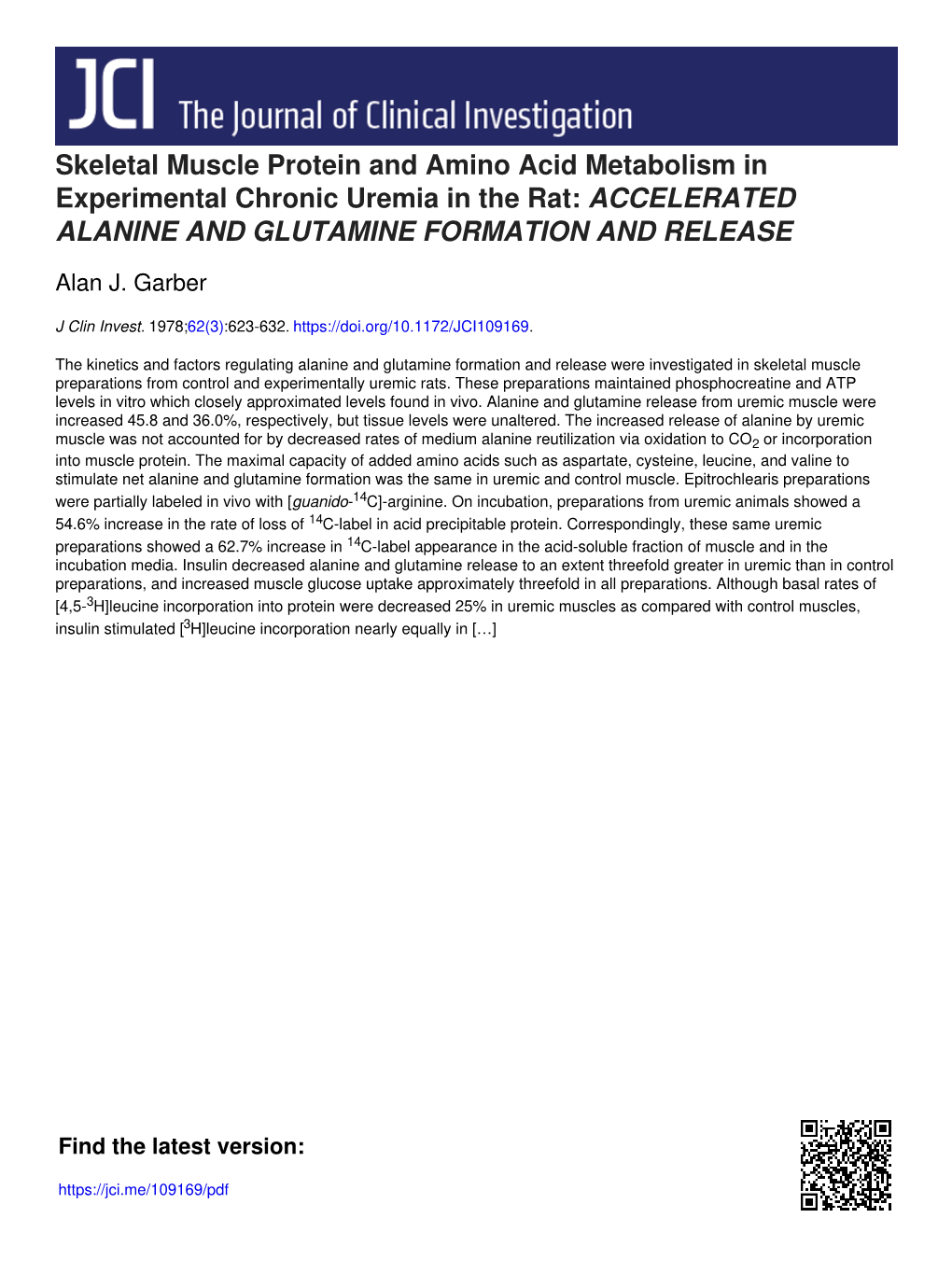 Skeletal Muscle Protein and Amino Acid Metabolism in Experimental Chronic Uremia in the Rat: ACCELERATED ALANINE and GLUTAMINE FORMATION and RELEASE