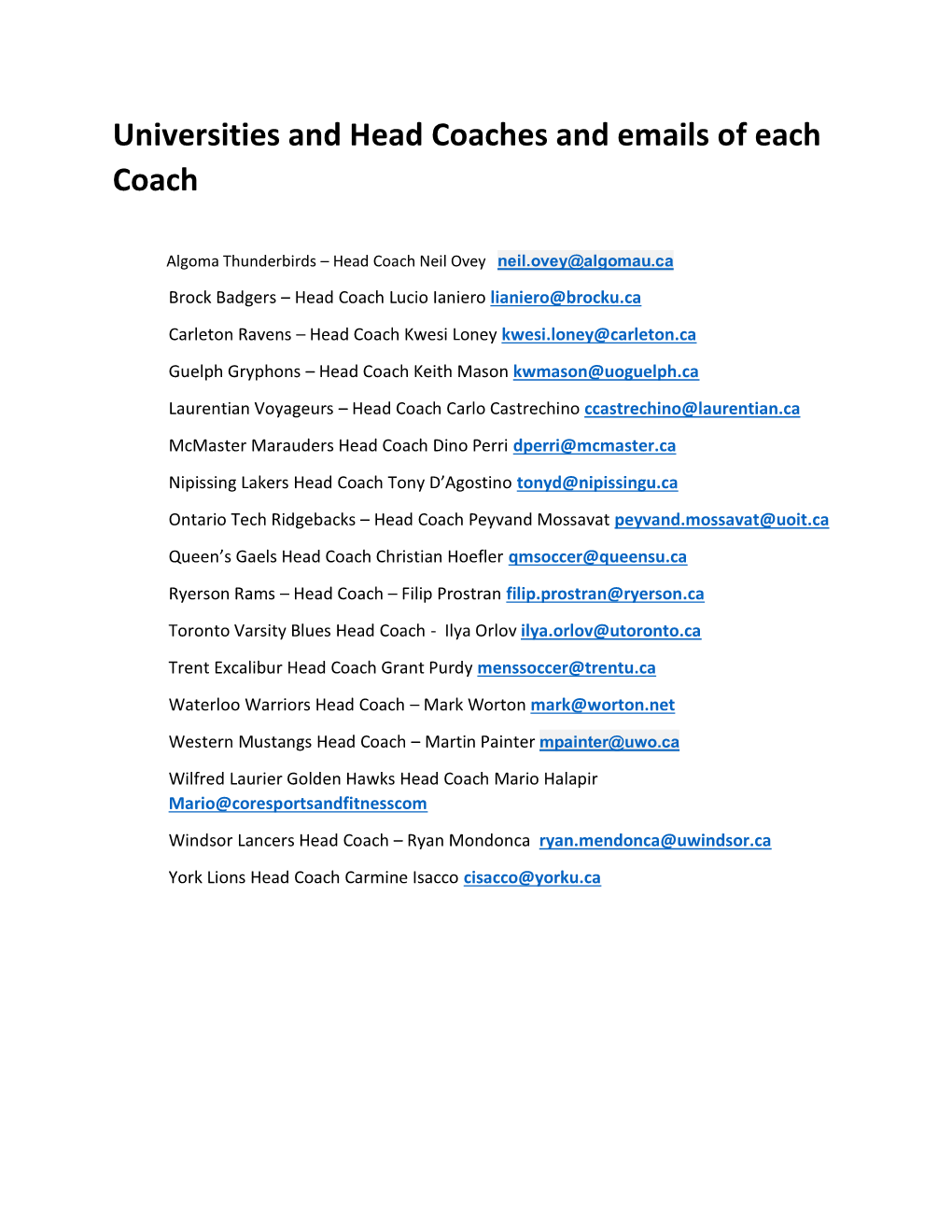 Universities and Head Coaches and Emails of Each Coach