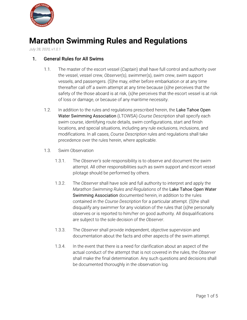 Marathon Swimming Rules and Regulations July 28, 2020, V1.0.1 1