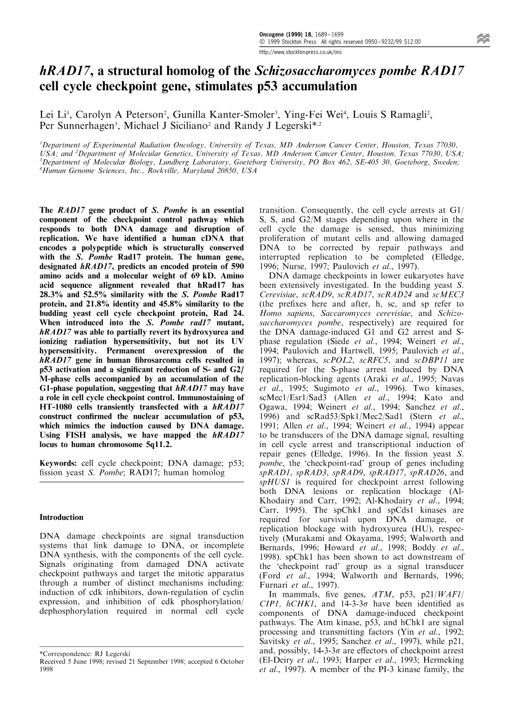 Hrad17, a Structural Homolog of the Schizosaccharomyces Pombe RAD17 Cell Cycle Checkpoint Gene, Stimulates P53 Accumulation