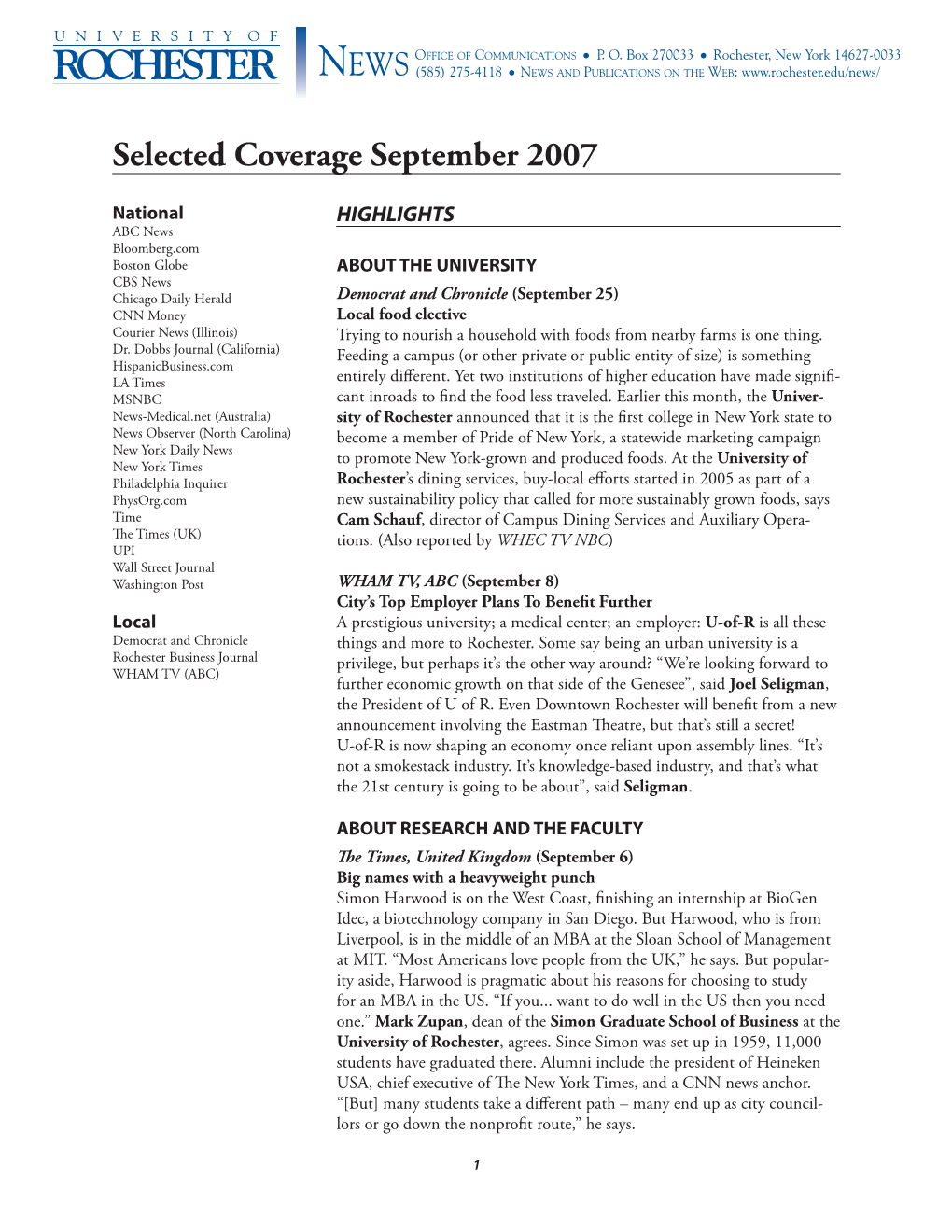 Selected Coverage September 2007