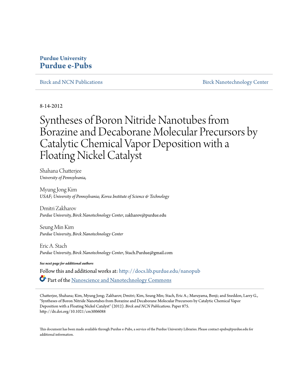 Syntheses of Boron Nitride Nanotubes from Borazine and Decaborane