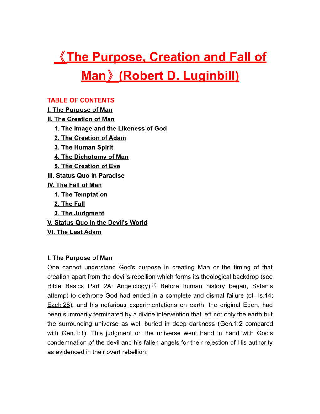 The Purpose, Creation and Fall of Man (Robert D. Luginbill)