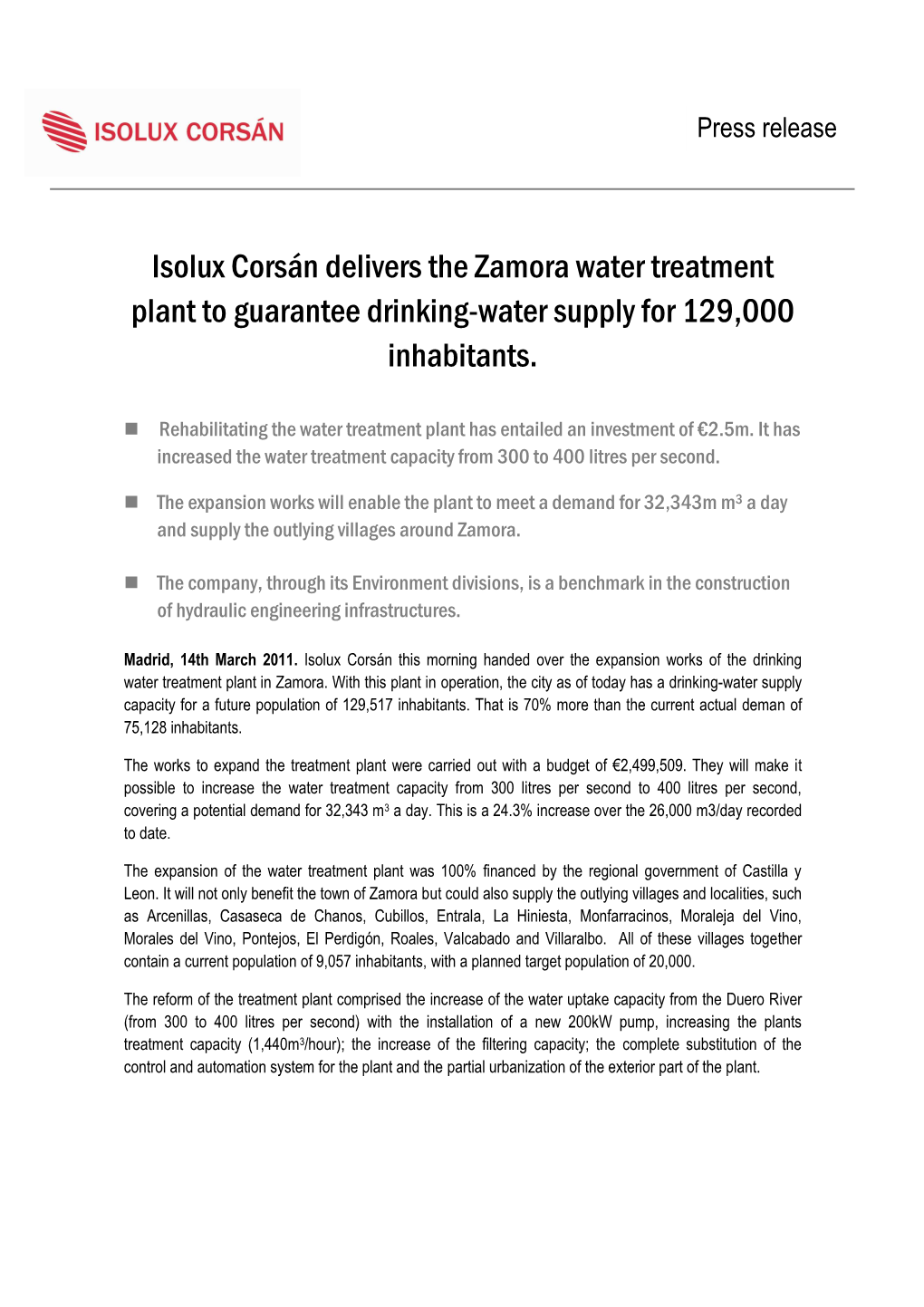 Isolux Corsán Delivers the Zamora Water Treatment Plant to Guarantee Drinking-Water Supply for 129,000 Inhabitants