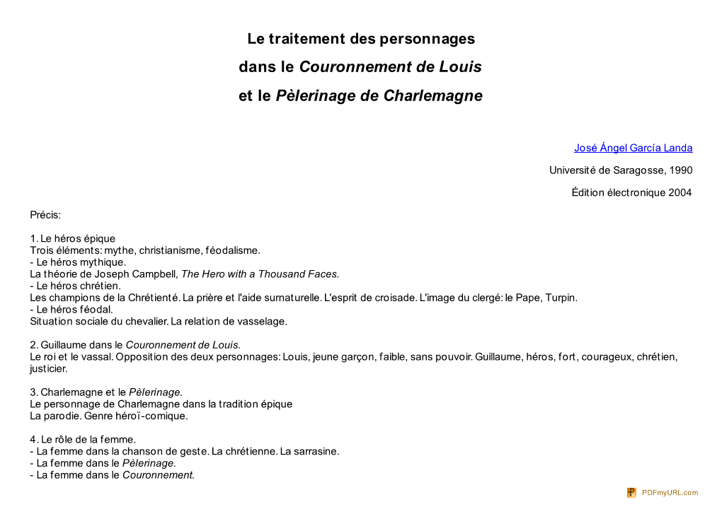 Le Traitement Des Personnages Dans Le Couronnement De Louis Et Le Pèlerinage De Charlemagne