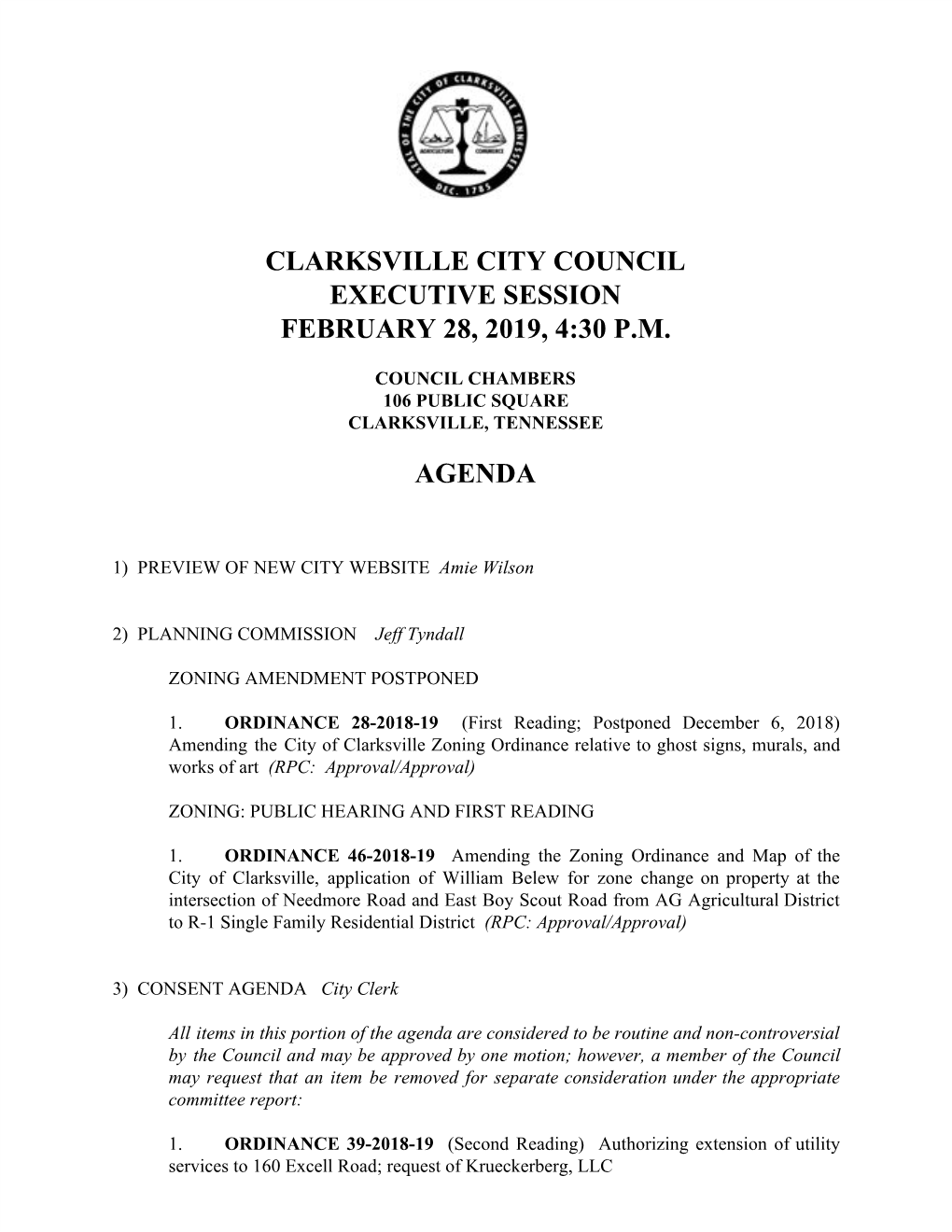 Clarksville City Council Executive Session February 28, 2019, 4:30 P.M