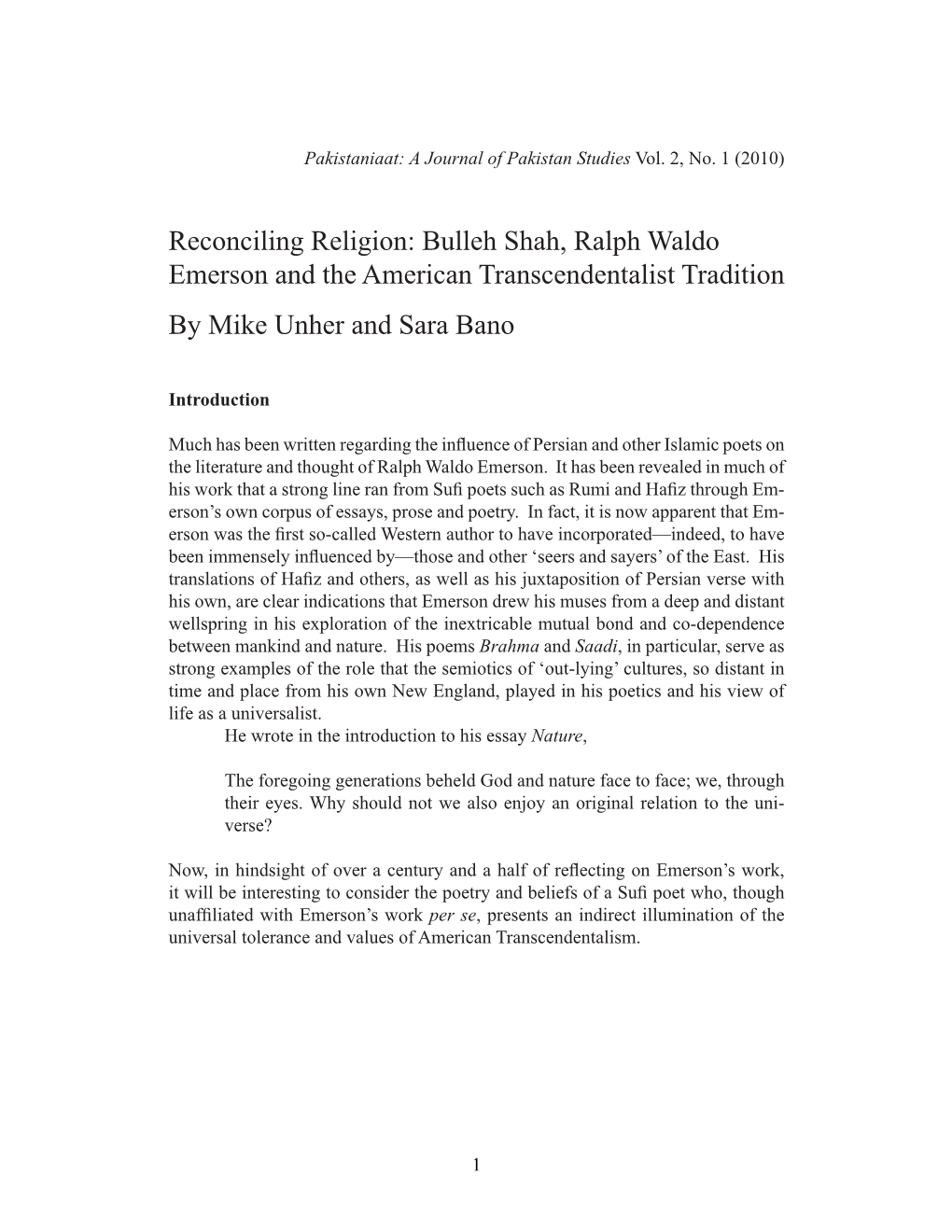 Reconciling Religion: Bulleh Shah, Ralph Waldo Emerson and the American Transcendentalist Tradition by Mike Unher and Sara Bano