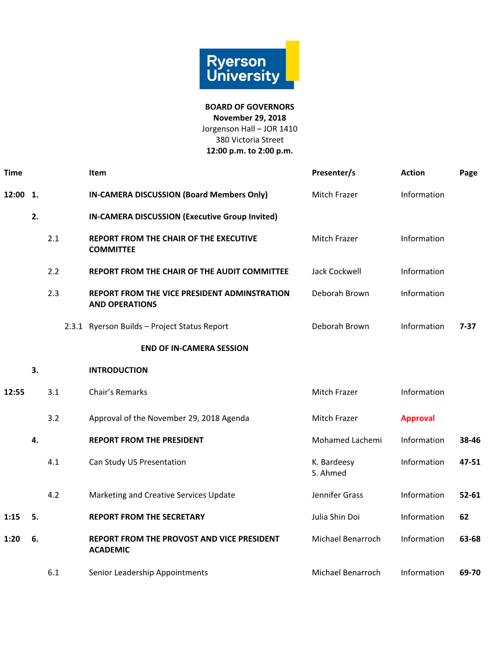 BOARD of GOVERNORS November 29, 2018 Jorgenson Hall – JOR 1410 380 Victoria Street 12:00 P.M