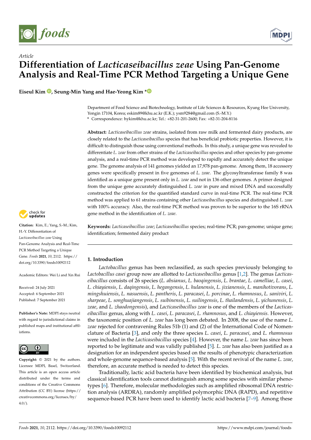 Differentiation of Lacticaseibacillus Zeae Using Pan-Genome Analysis and Real-Time PCR Method Targeting a Unique Gene