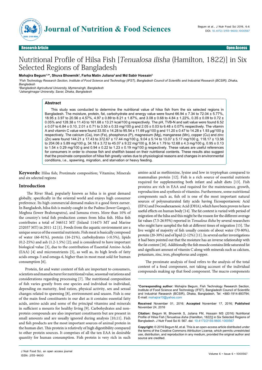 Nutritional Profile of Hilsa Fish [Tenualosa Ilisha (Hamilton, 1822