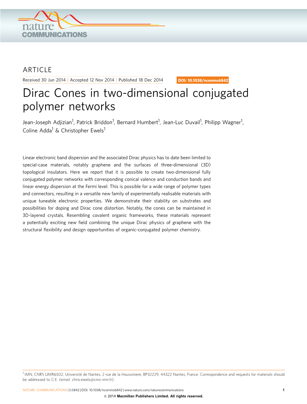 Dirac Cones in Two-Dimensional Conjugated Polymer Networks