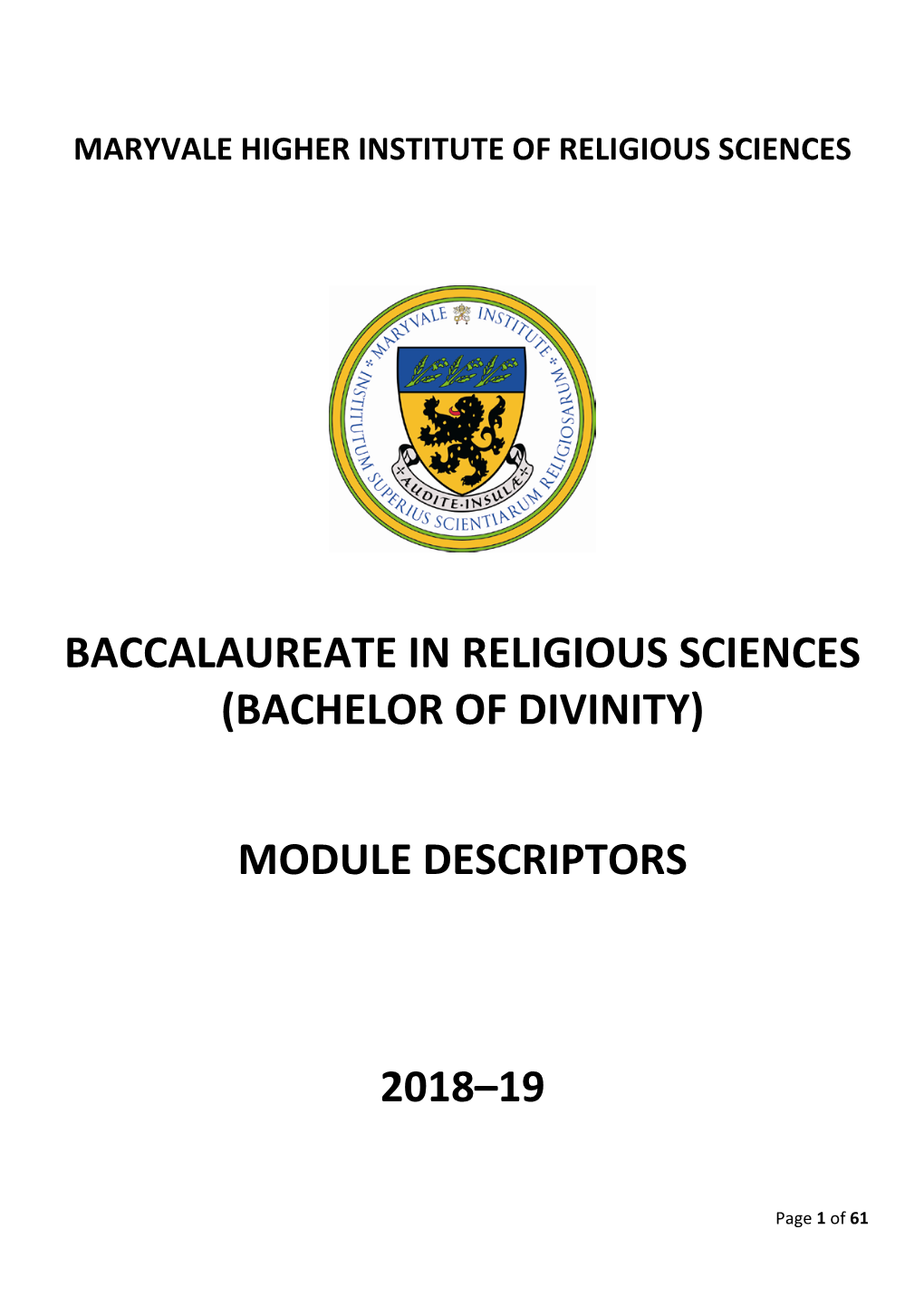 Baccalaureate in Religious Sciences (Bachelor of Divinity)