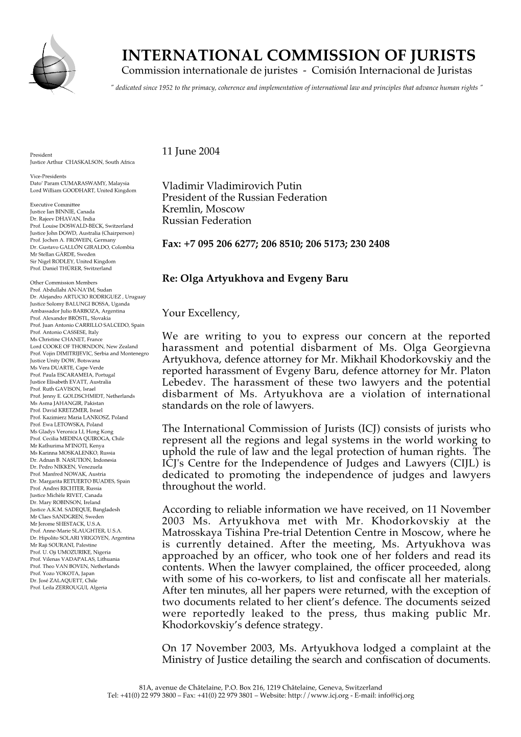 Letter to the President of the Russian Federation