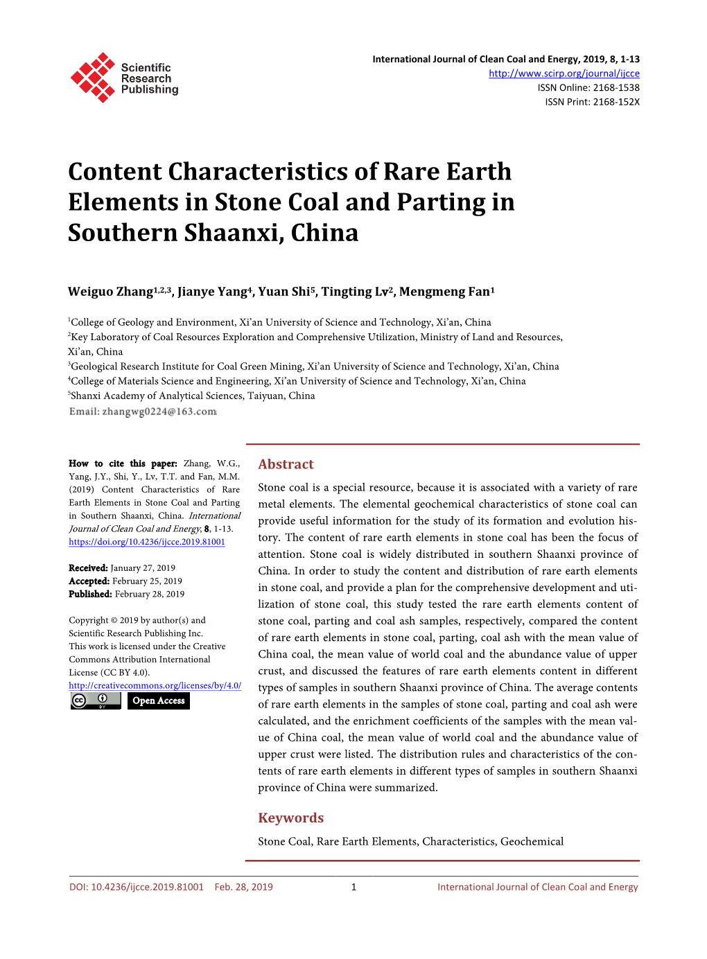 Content Characteristics of Rare Earth Elements in Stone Coal and Parting in Southern Shaanxi, China