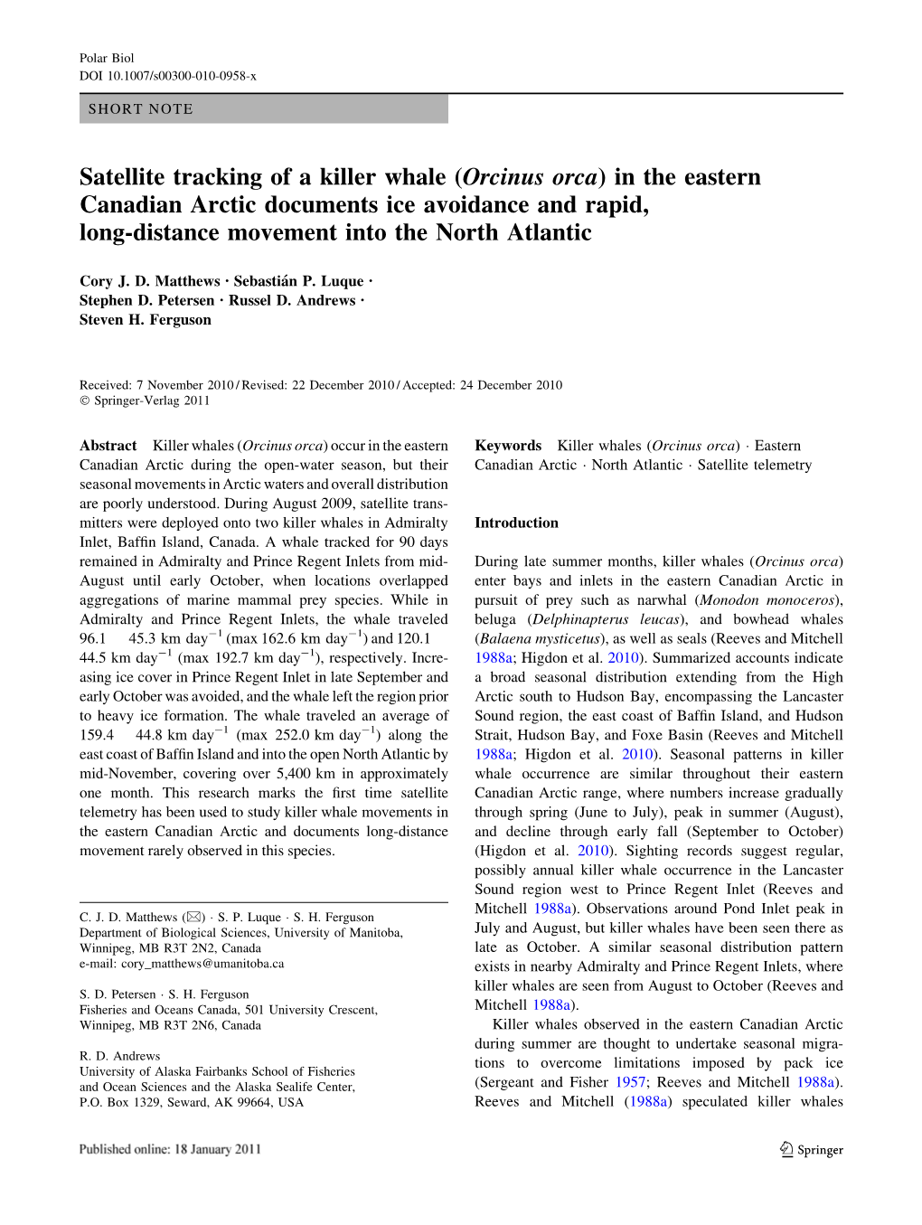 Orcinus Orca) in the Eastern Canadian Arctic Documents Ice Avoidance and Rapid, Long-Distance Movement Into the North Atlantic