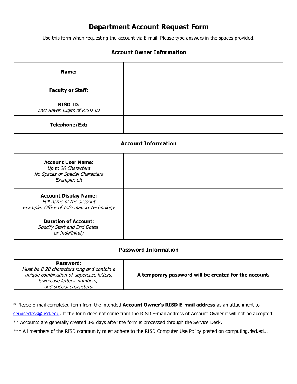 Deptartment Acctount Request Form