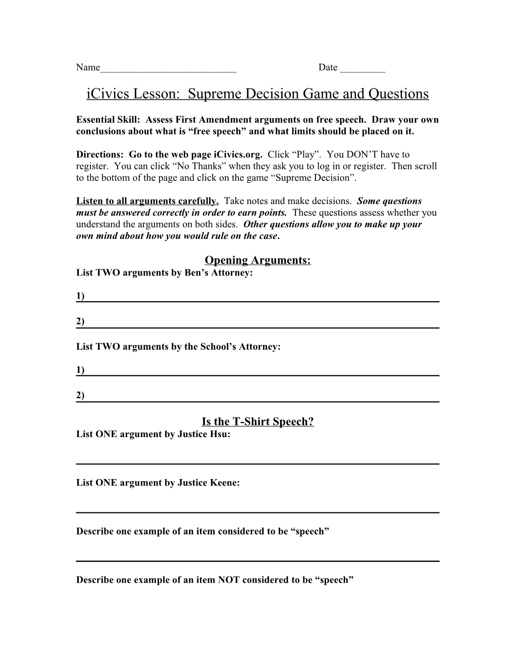 Icivics Lesson: Supreme Decision Game and Questions