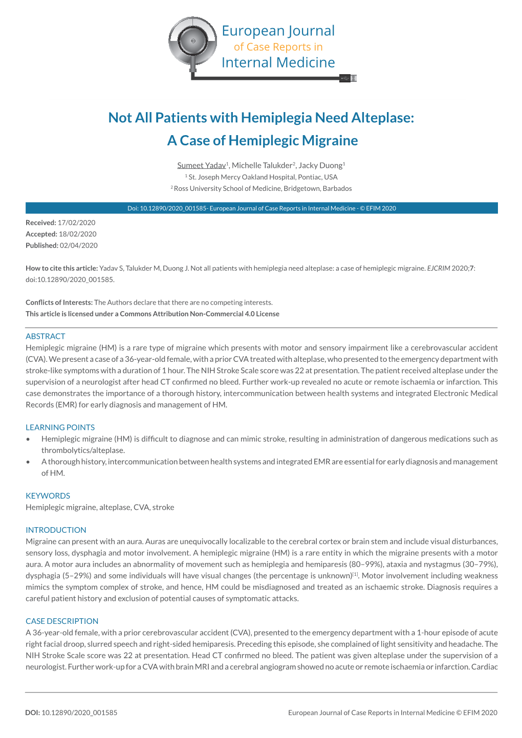 Not All Patients with Hemiplegia Need Alteplase: a Case of Hemiplegic Migraine