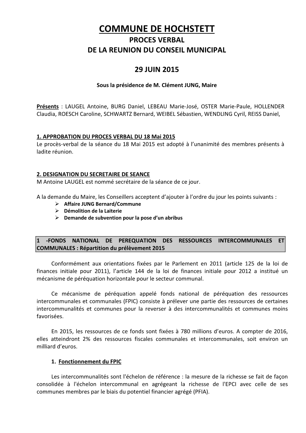 Commune De Hochstett Proces Verbal De La Reunion Du Conseil Municipal