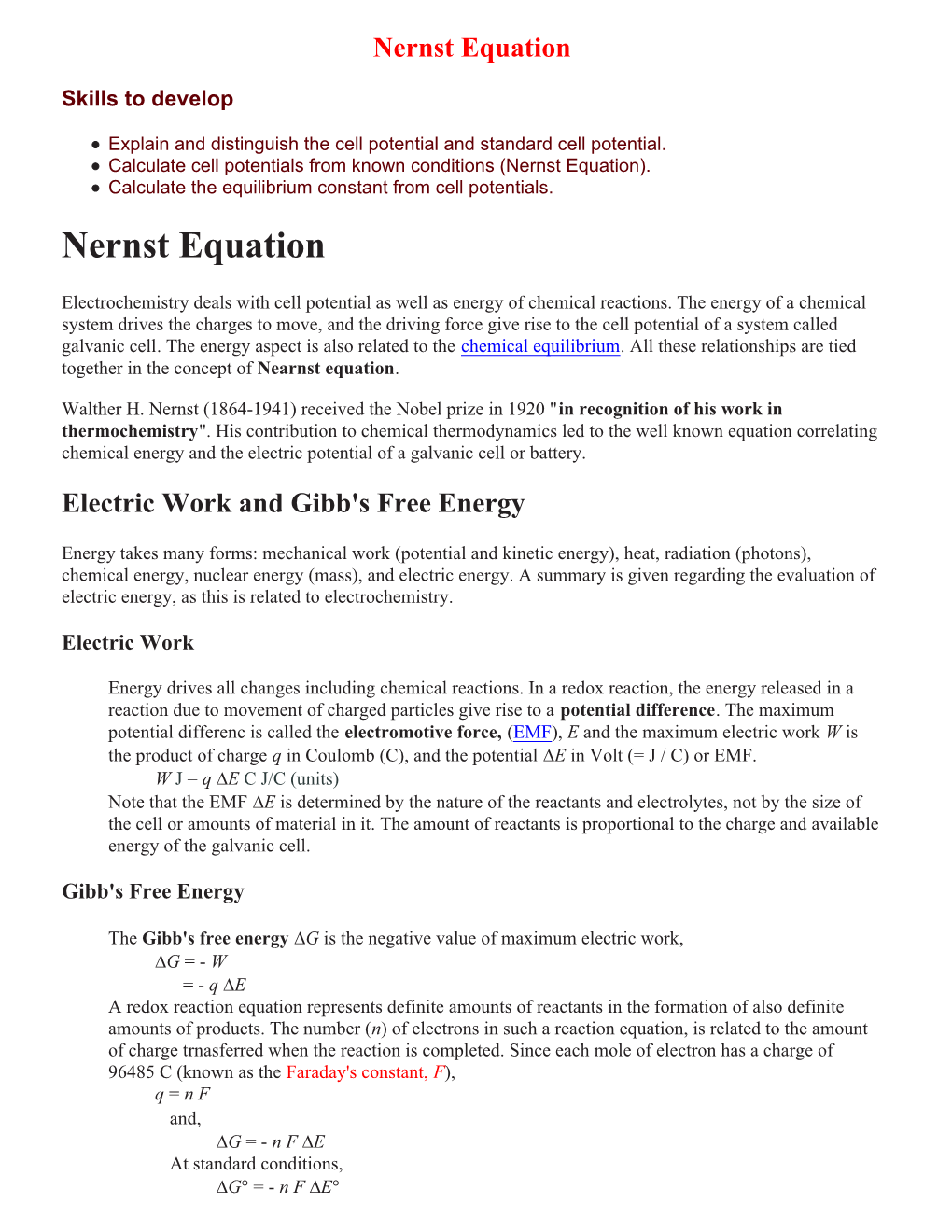 Nernst Equation Skills to Develop