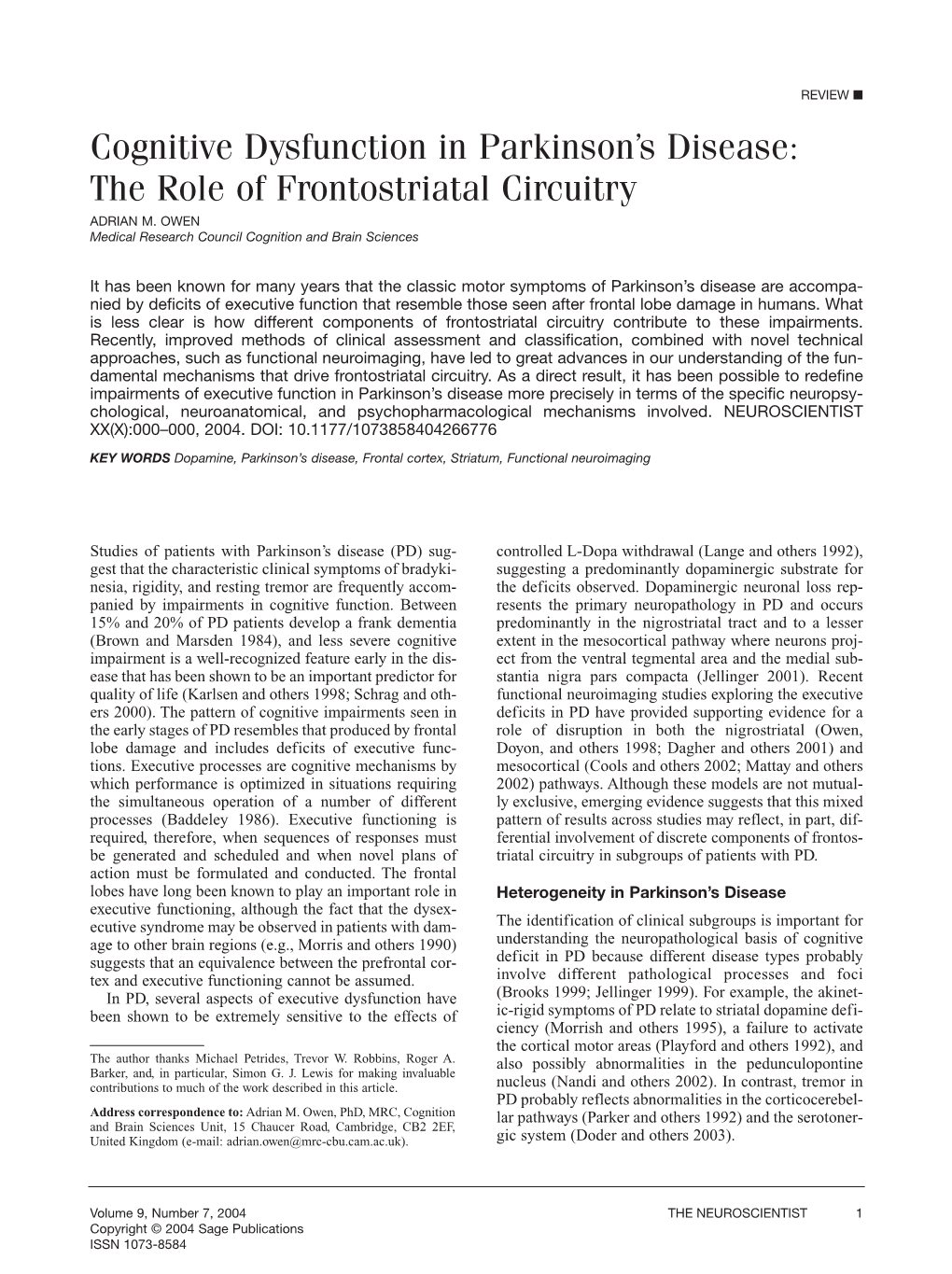 Cognitive Dysfunction in Parkinson's Disease: the Role of Frontostriatal