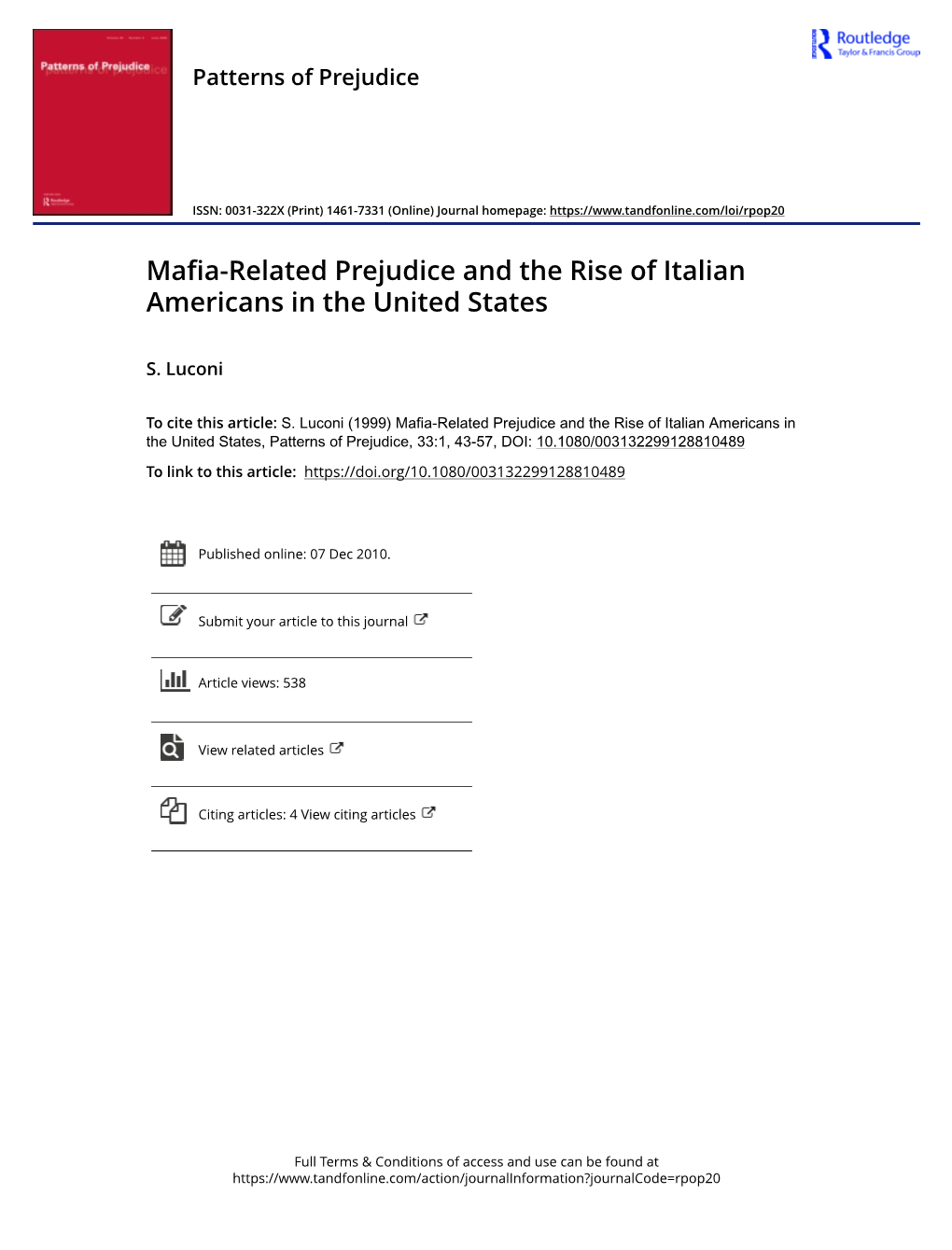 Mafia-Related Prejudice and the Rise of Italian Americans in the United States