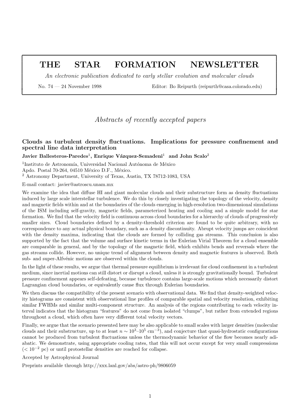 THE STAR FORMATION NEWSLETTER an Electronic Publication Dedicated to Early Stellar Evolution and Molecular Clouds