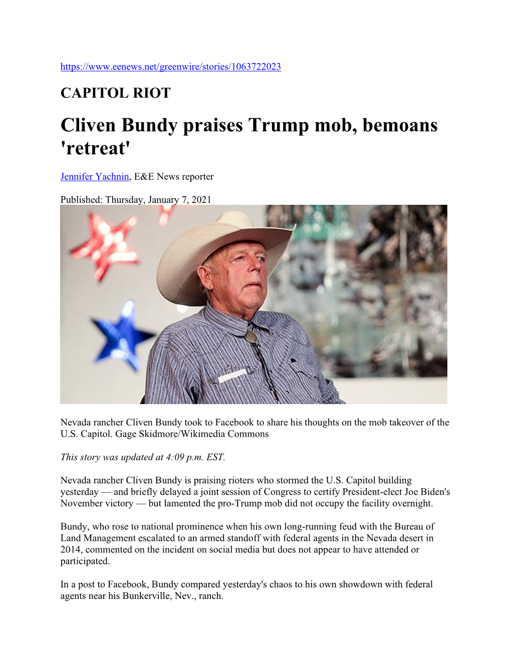 Cliven Bundy Praises Trump Mob, Bemoans 'Retreat'