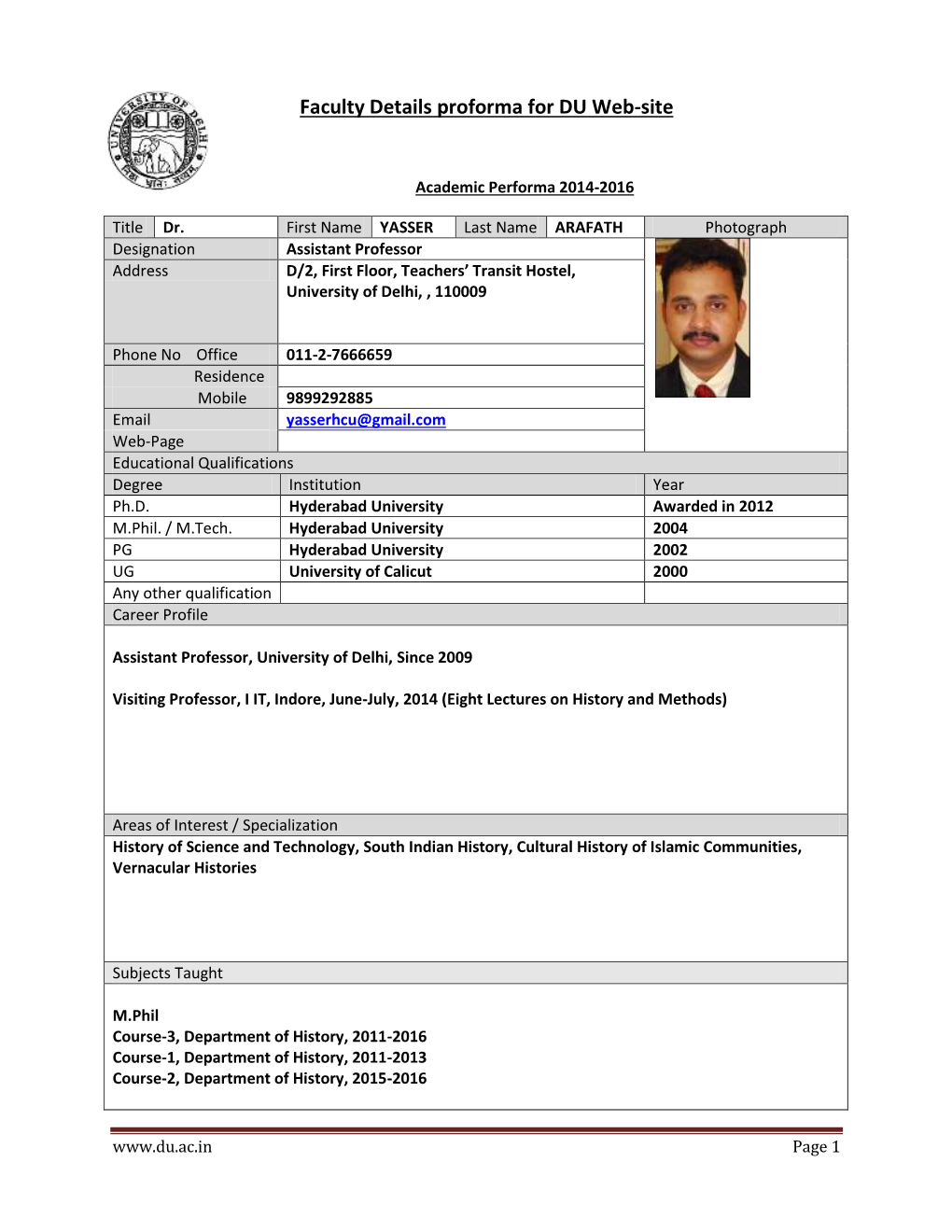 Faculty Details Proforma for DU Web-Site