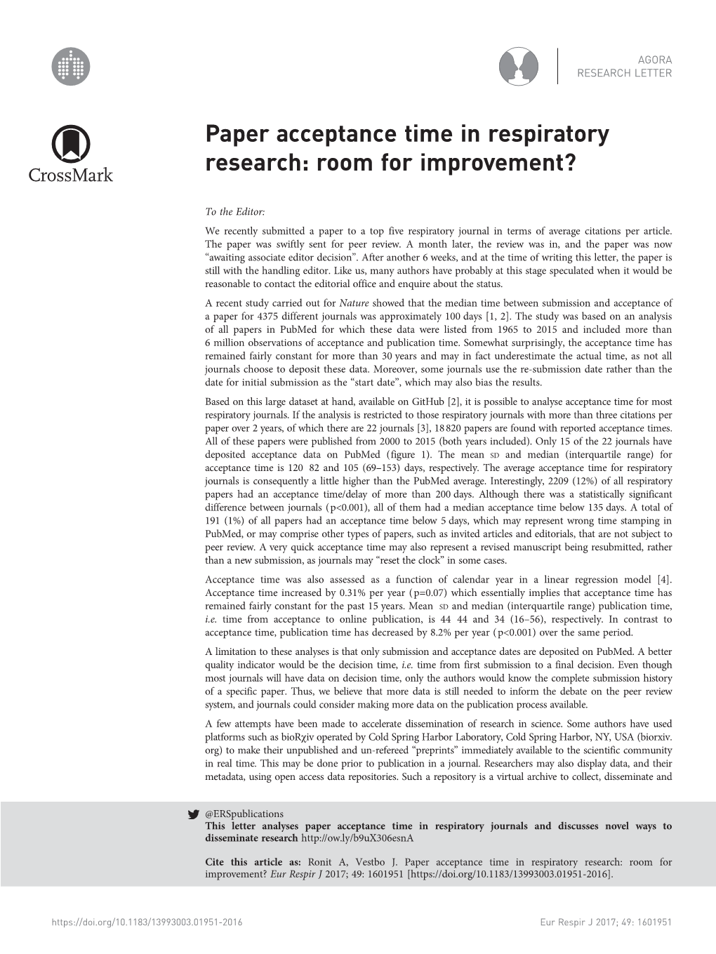 Paper Acceptance Time in Respiratory Research: Room for Improvement?