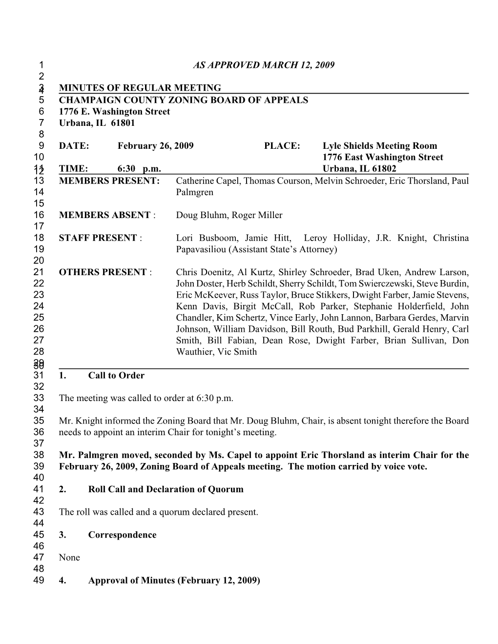 Minutes of Regular Meeting 5 Champaign County Zoning Board of Appeals 6 1776 E