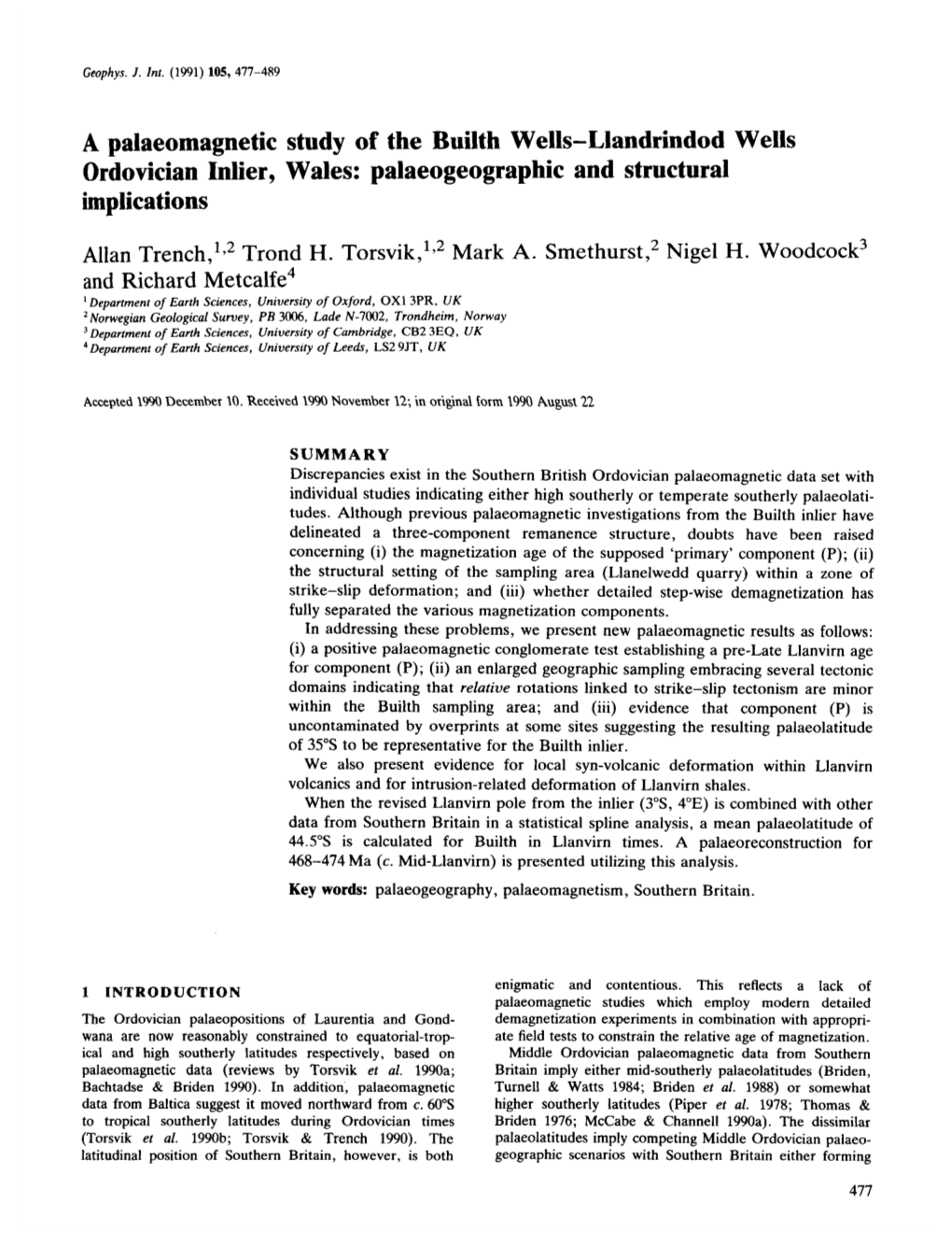 A Palaeomagnetic Study of the Builth Wells-Llandrindod Wells Ordovician Inlier, Wales: Palaeogeographic and Structural Implications