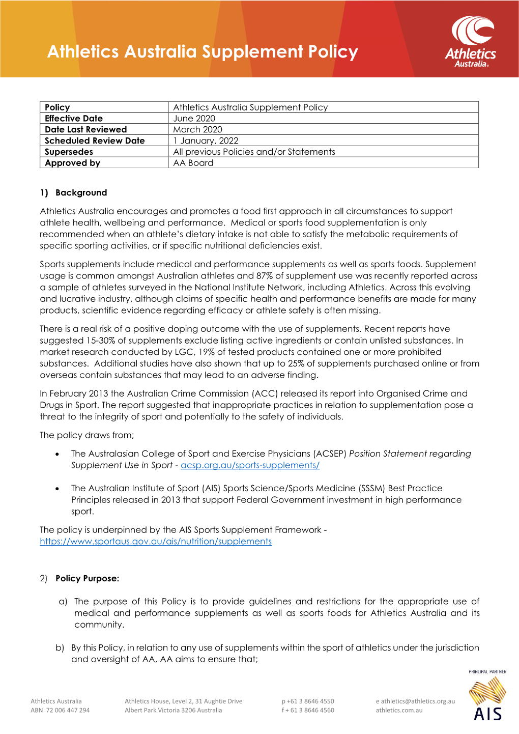 Athletics Australia Supplement Policy