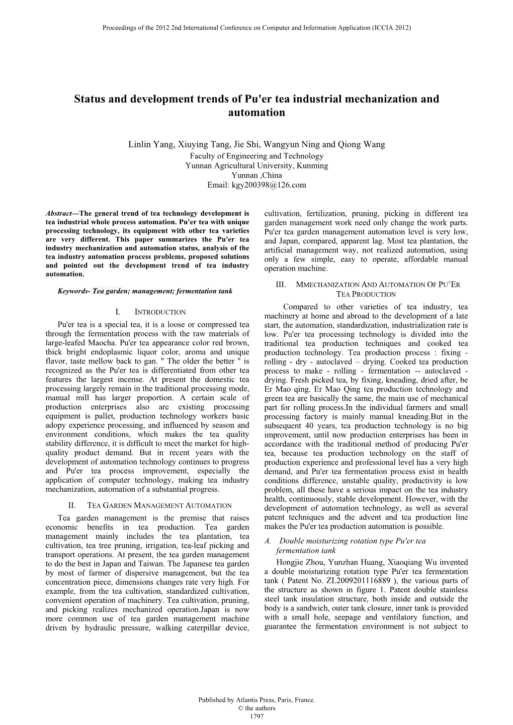 Status and Development Trends of Pu'er Tea Industrial Mechanization and Automation