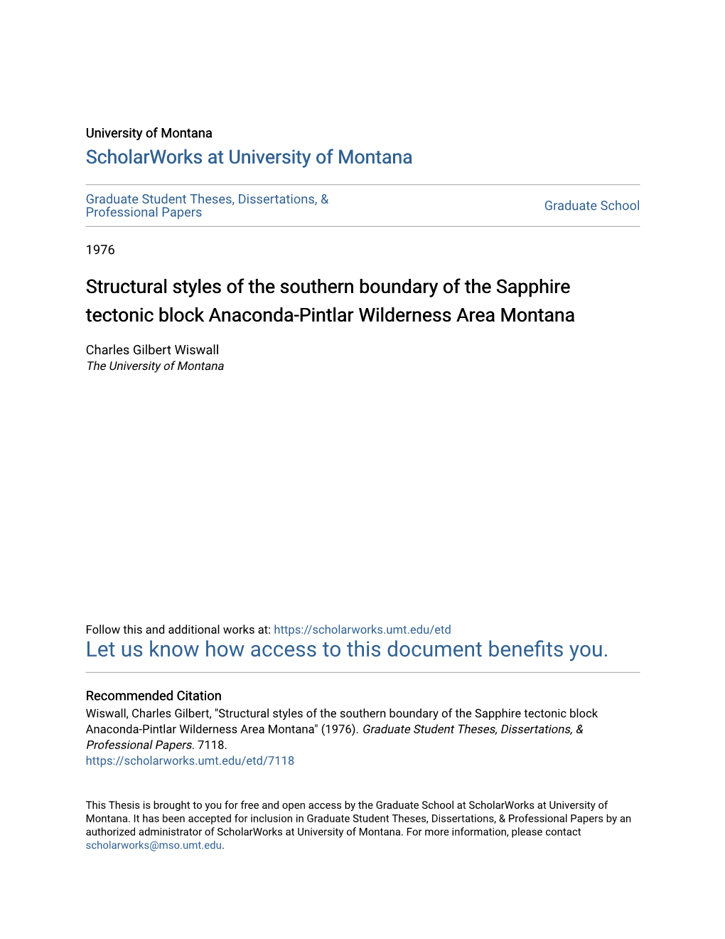 Structural Styles of the Southern Boundary of the Sapphire Tectonic Block Anaconda-Pintlar Wilderness Area Montana