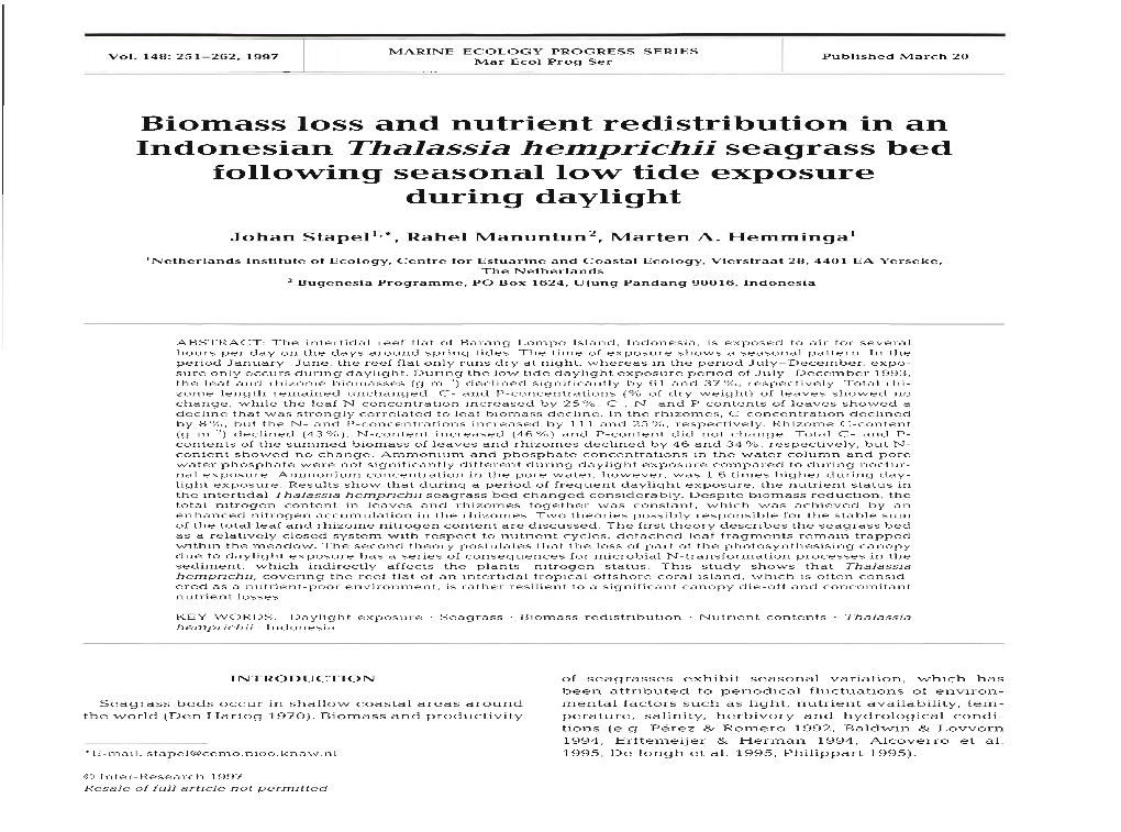 Biomass Loss and Nutrient Redistribution in an Indonesian Thalassia Hemprichii Seagrass Bed Following Seasonal Low Tide Exposure During Daylight