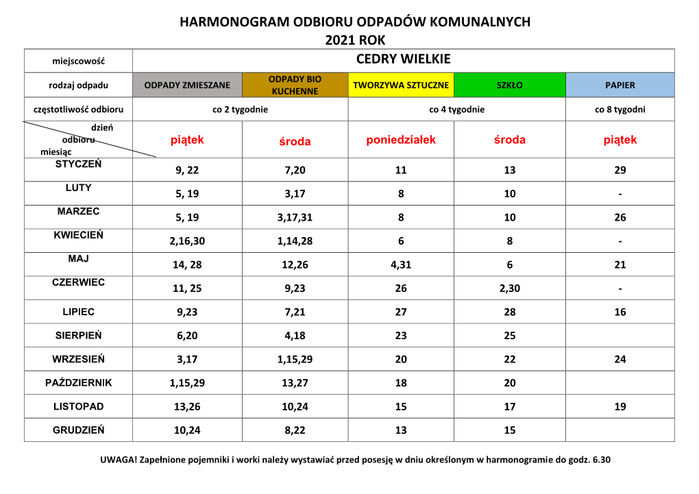 Harmonogram Odbioru Odpadów