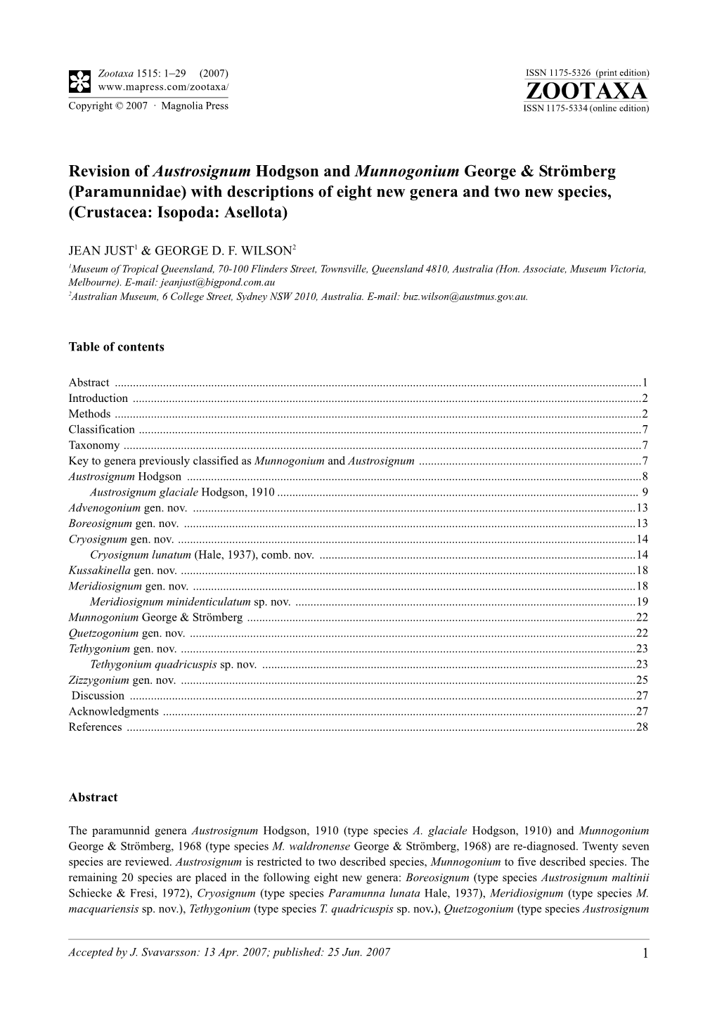 Zootaxa,Revision of Austrosignum Hodgson and Munnogonium