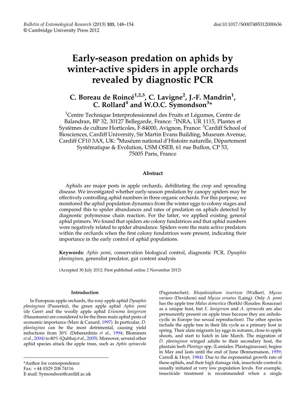 Early-Season Predation on Aphids by Winter-Active Spiders in Apple Orchards Revealed by Diagnostic PCR
