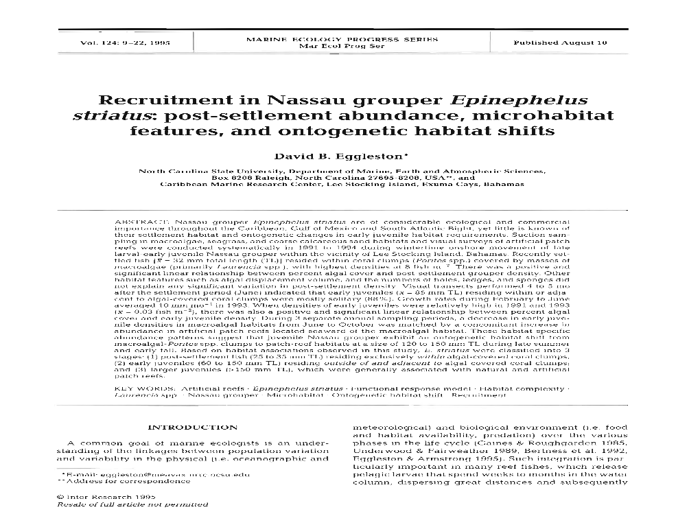 Recruitment in Nassau Grouper Epinephelus Striatus: Post-Settlement Abundance, Microhabitat Features, and Ontogenetic Habitat Shifts