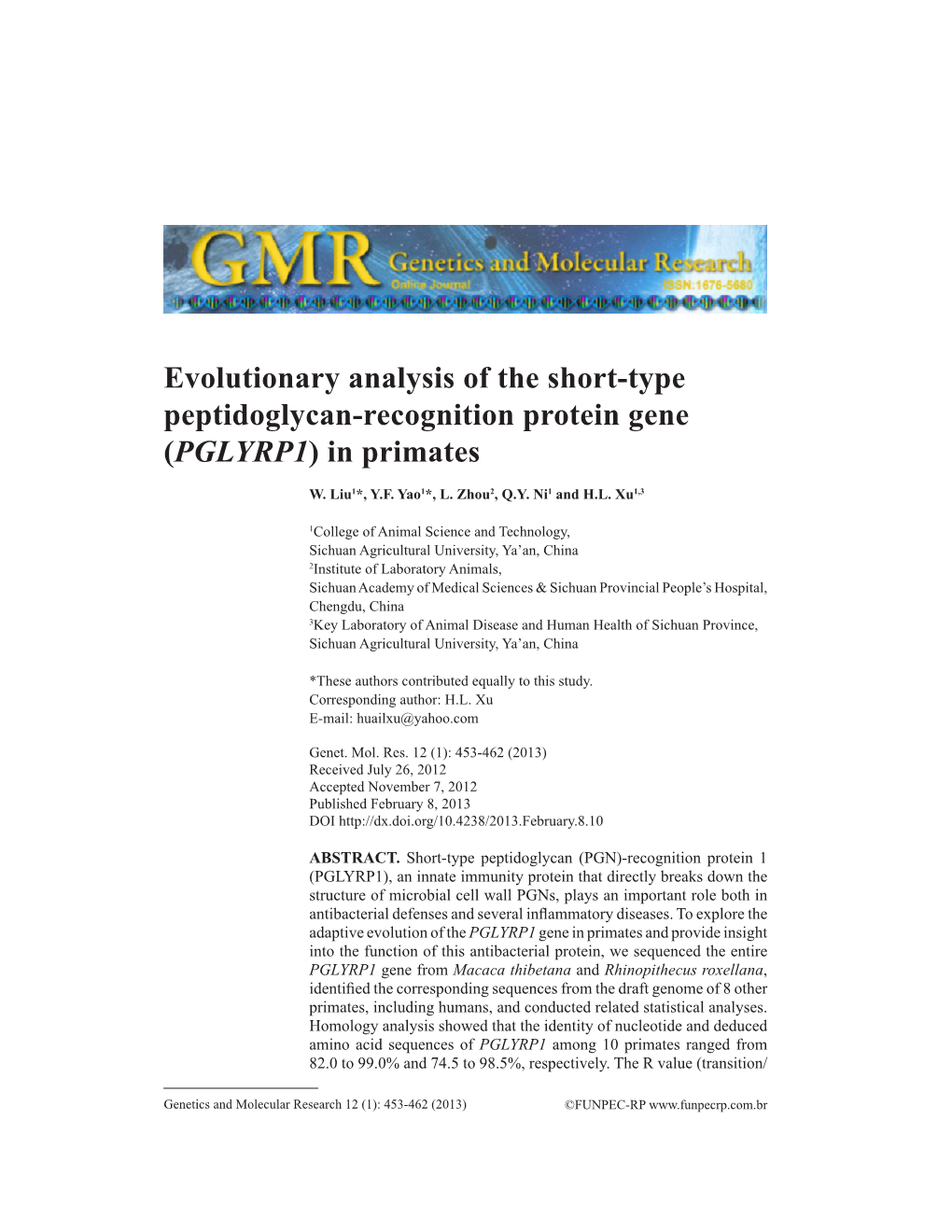 Evolutionary Analysis of the Short-Type Peptidoglycan-Recognition Protein Gene (PGLYRP1) in Primates