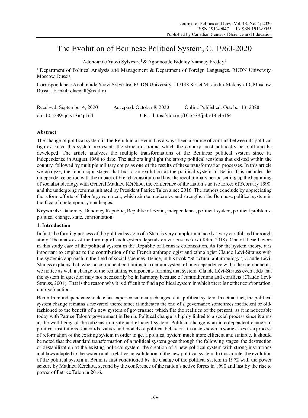 The Evolution of Beninese Political System, C. 1960-2020