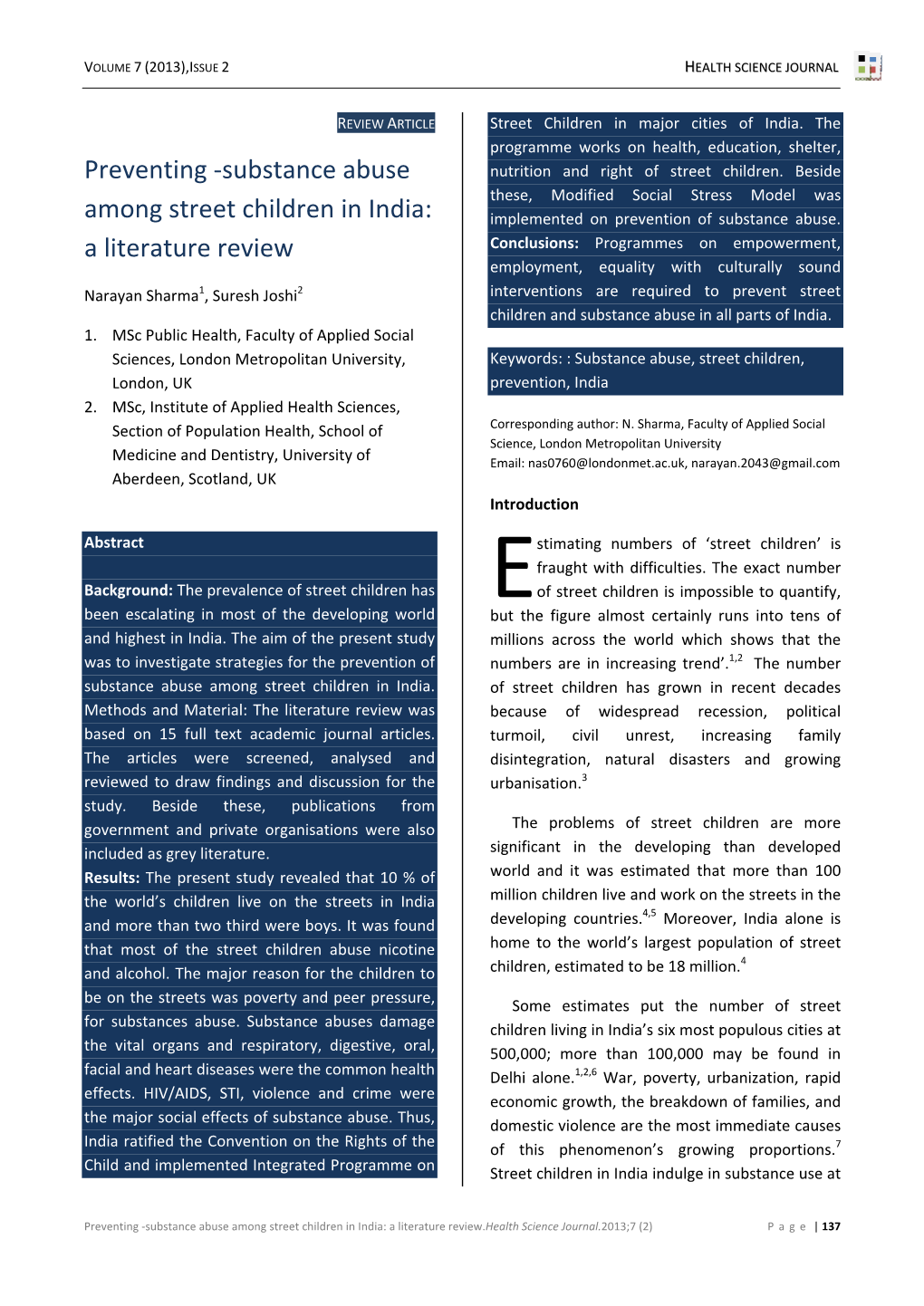 Substance Abuse Among Street Children in India: a Literature Review