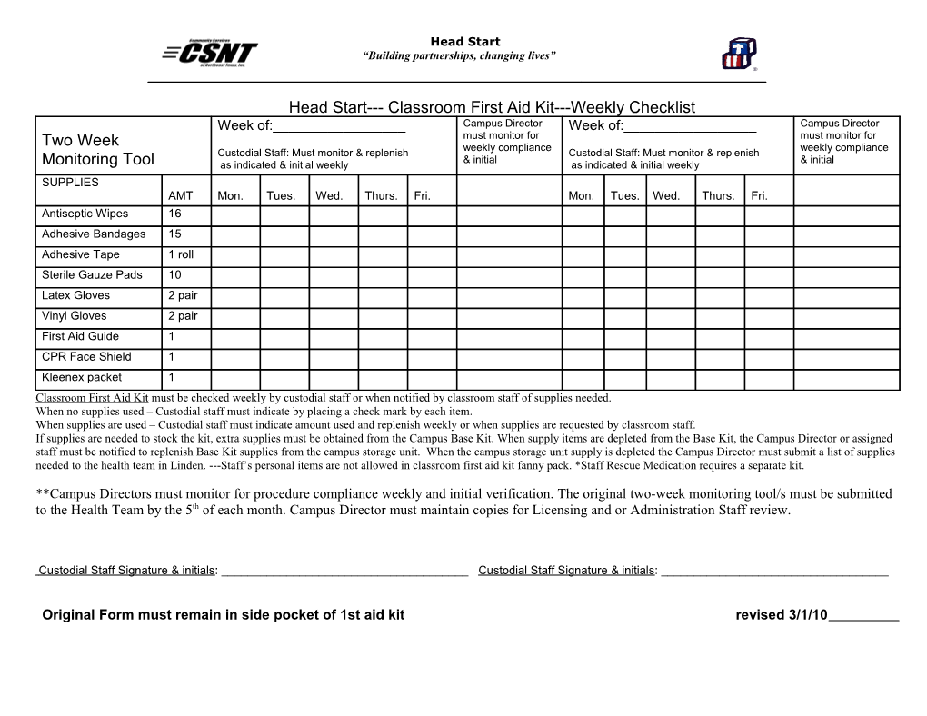 Classroom First Aid Kit Must Be Checked Weekly by Custodial Staff Or When Notified by Classroom